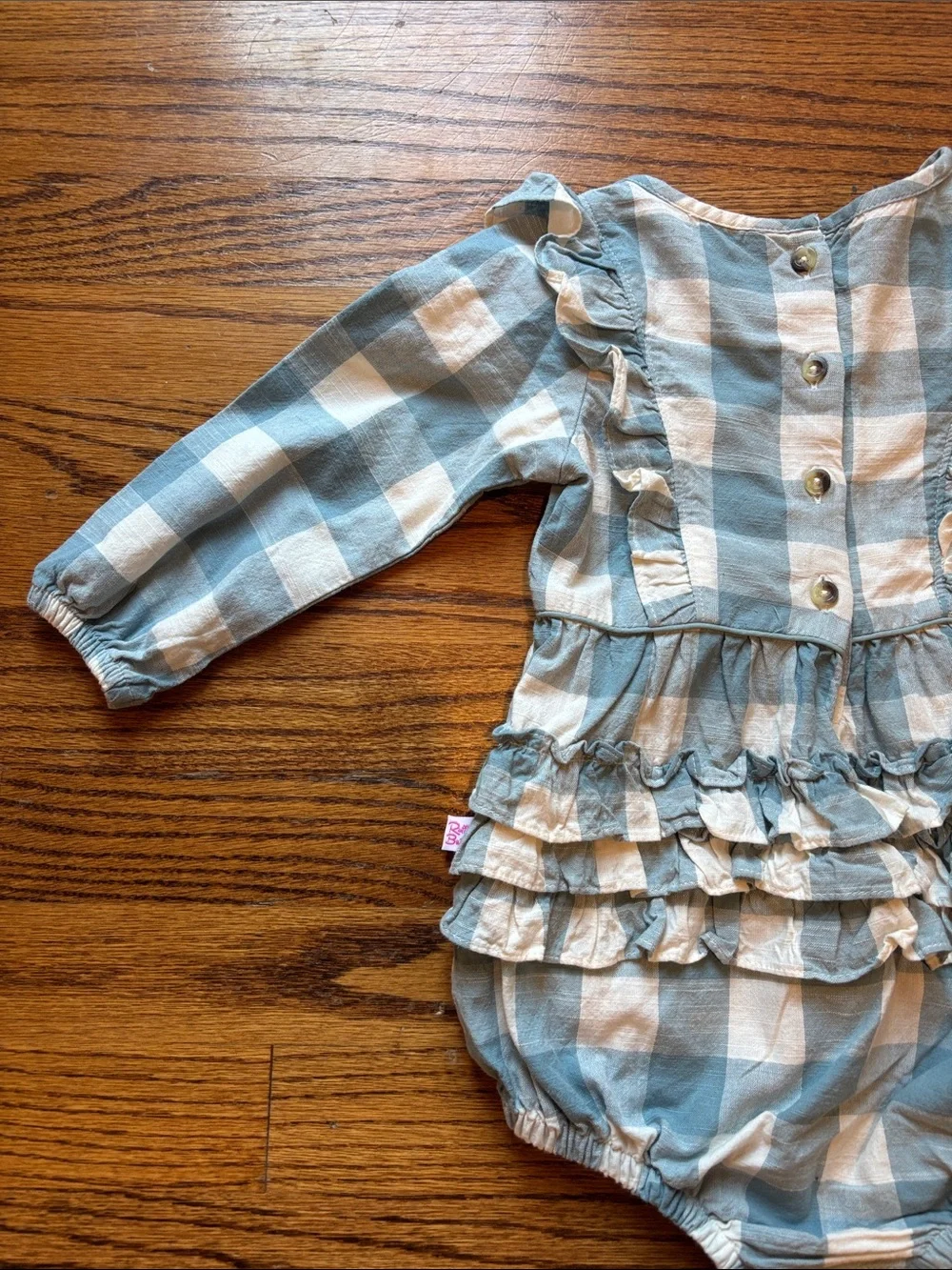 Ruffle Butts Blue & White Gingham Plaid Toddler Ruffle Onesie Bubble Romper 2T